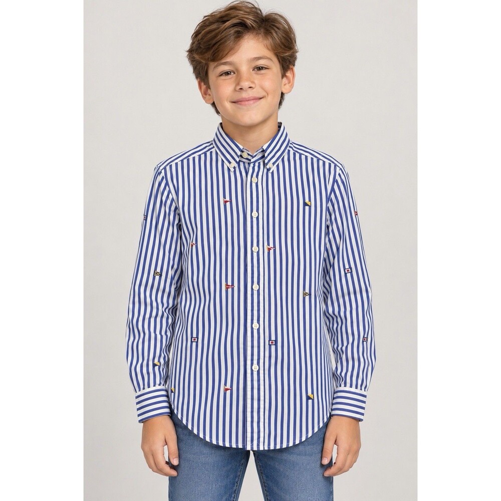 POLO RALPH LAUREN Blue/White Striped Long Sleeve Shirt Sailing FlagsBoys 10-12